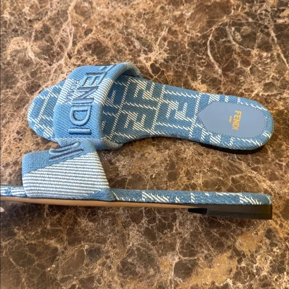 Fendi denim logo sandals flats slides blue striped canvas sz 38 - Picture 5 of 9